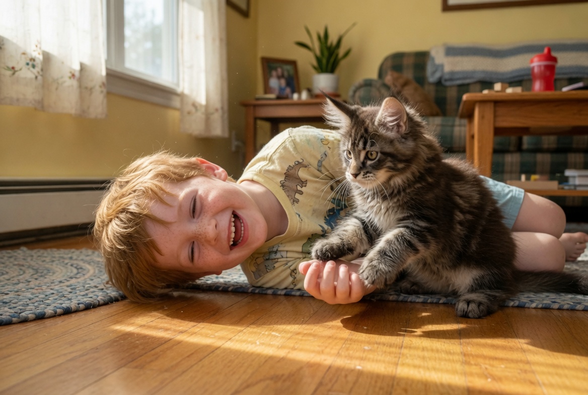 Brown Mackerel Maine Coon kitten Atlas playing on the floor